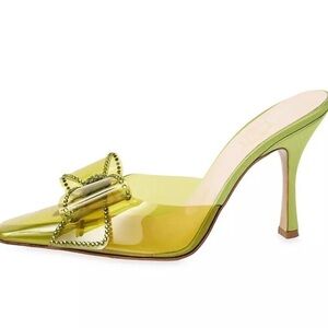 NIB Nalebe By Amina Means Reflections Dimante Bow PVC Mule Heels Pumps